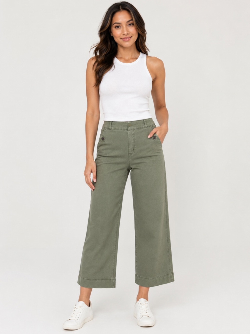 SPANX Twill Cropped Wide Leg Pant size Large Petite Olive Green